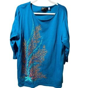Bob Mackie Wearable Art Teal Coral Sequin Embroidered 3/4 Sleeve Top Plus Sz 1X